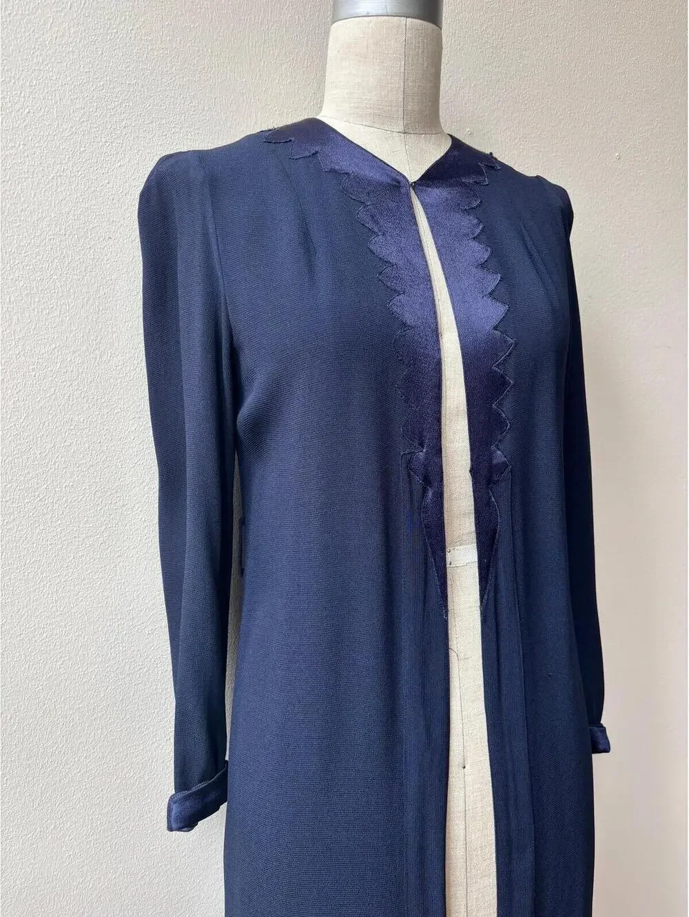 Vintage 1940s Lightweight Navy Satin Trimmed Duster Cardigan